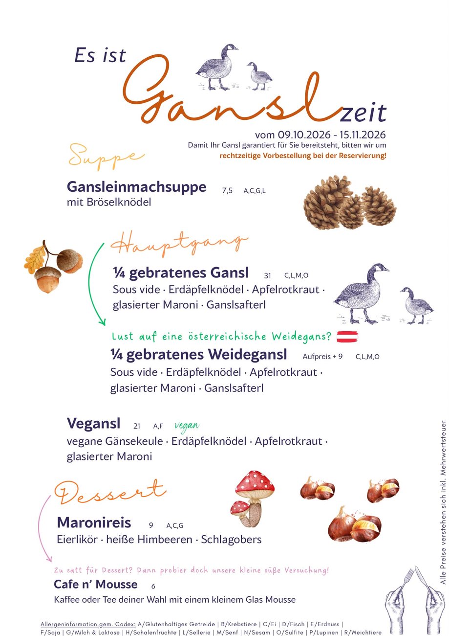 Ganslkarte der Vorstadtliebe: Gansleinmachsuppe 7,50, ¼ gebratenes Gansl 31, ¼ Weidegansl Aufpreis 9, Vegansl 21, Maronireis 9, Cafe n' Mousse 6